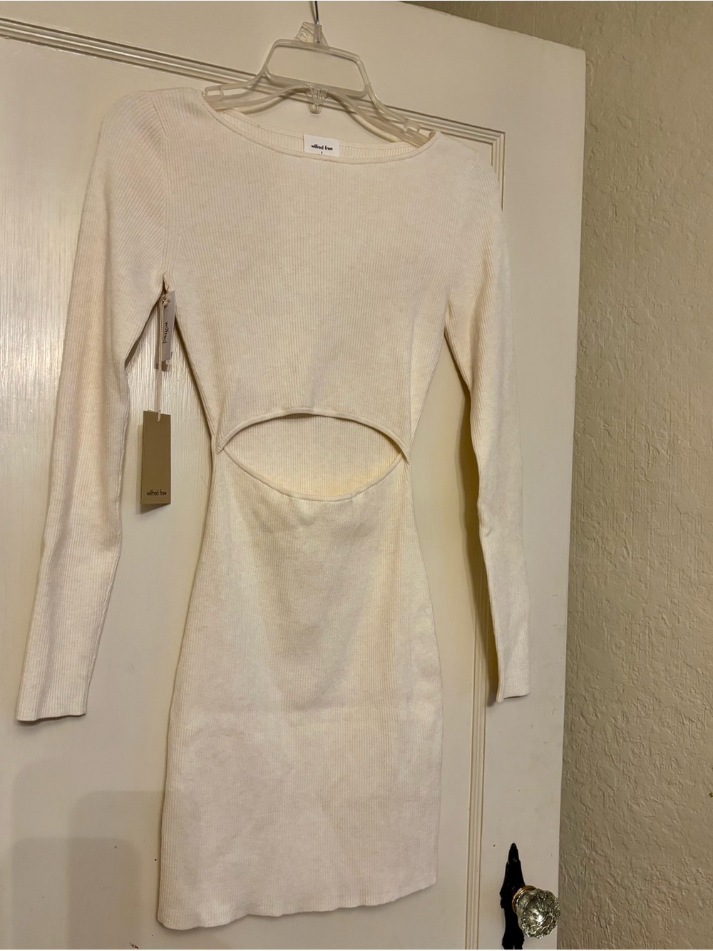 Wilfred Cream Ribbed Long-Sleeve Cutout Mini Dress